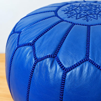 Blue Round Leather Pouf Ottoman, Handmade Moroccan Footstool, Unstuffed Leather Floor Pouf Cover, Living Room Footrest, Floor Seating