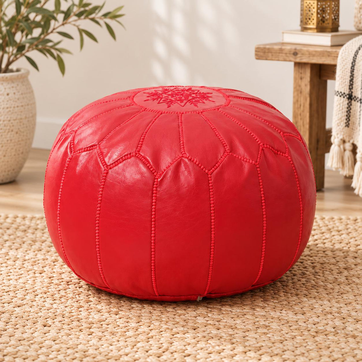 Round Leather Pouf Ottoman, Handmade Moroccan Footstool, Unstuffed Leather Pouf Cover, Living Room Footrest, Round Leather Floor Pouf