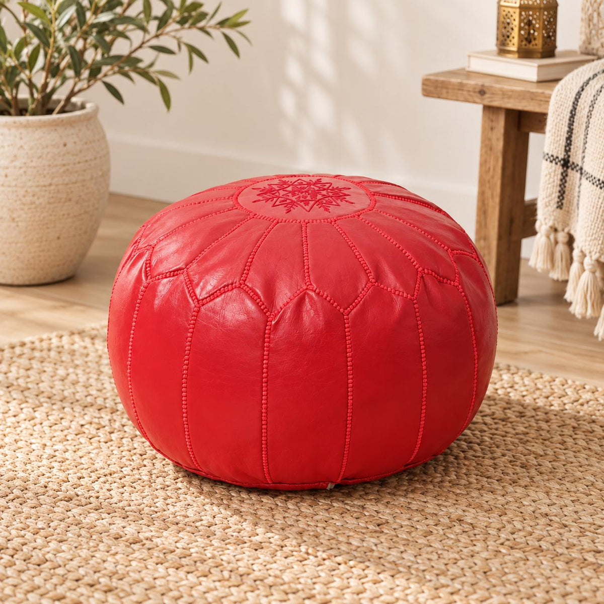 Round Leather Pouf Ottoman, Handmade Moroccan Footstool, Unstuffed Leather Pouf Cover, Living Room Footrest, Round Leather Floor Pouf