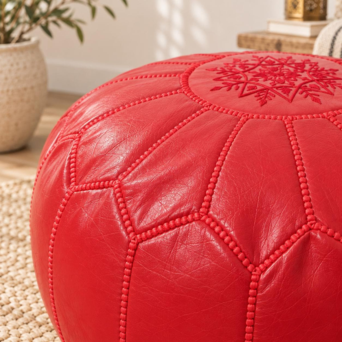 Round Leather Pouf Ottoman, Handmade Moroccan Footstool, Unstuffed Leather Pouf Cover, Living Room Footrest, Round Leather Floor Pouf