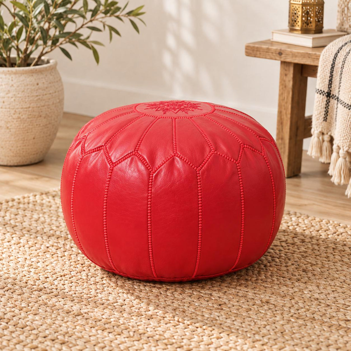 Round Leather Pouf Ottoman, Handmade Moroccan Footstool, Unstuffed Leather Pouf Cover, Living Room Footrest, Round Leather Floor Pouf