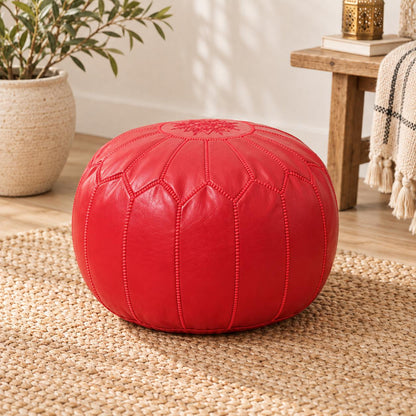 Round Leather Pouf Ottoman, Handmade Moroccan Footstool, Unstuffed Leather Pouf Cover, Living Room Footrest, Round Leather Floor Pouf
