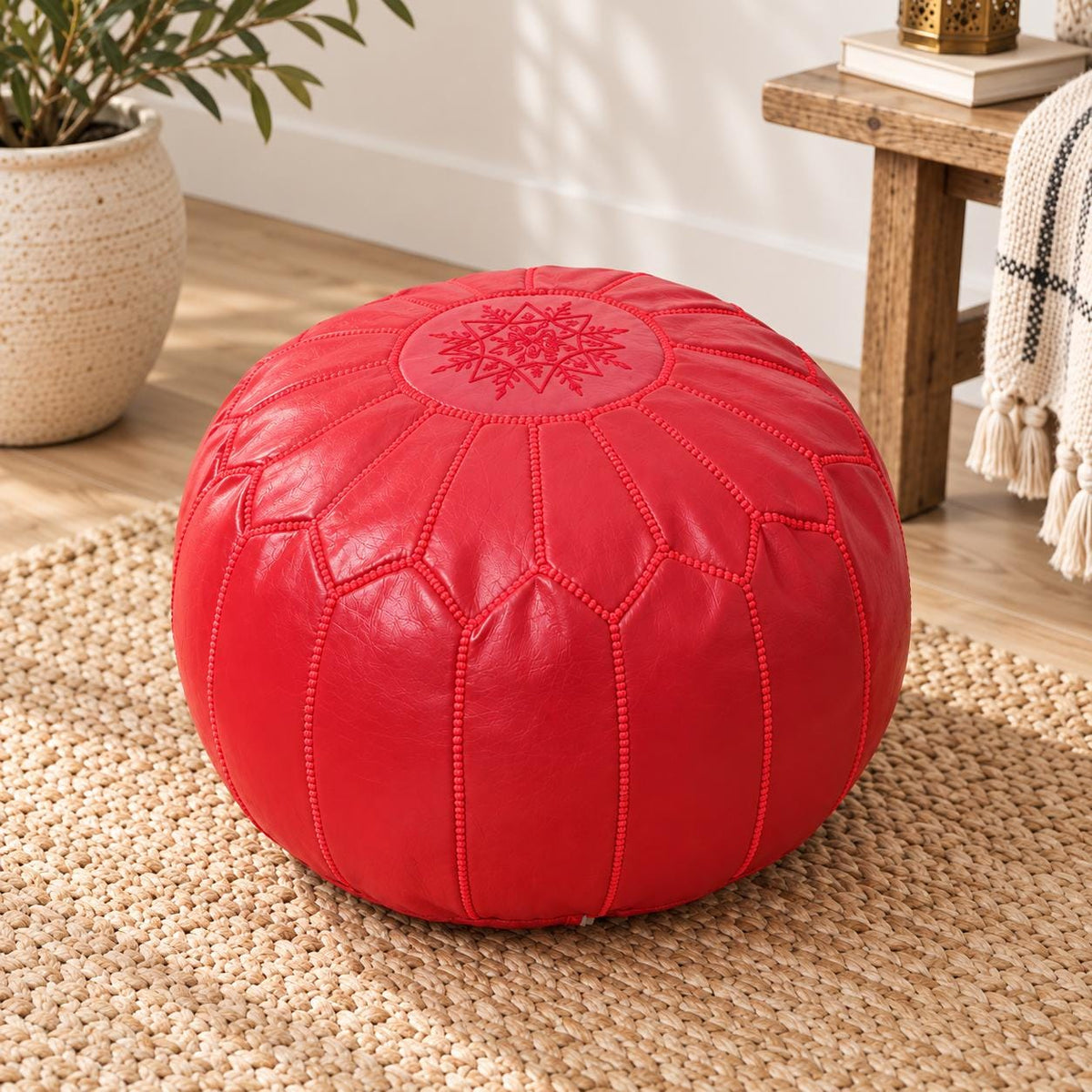 Round Leather Pouf Ottoman, Handmade Moroccan Footstool, Unstuffed Leather Pouf Cover, Living Room Footrest, Round Leather Floor Pouf
