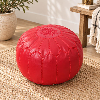 Round Leather Pouf Ottoman, Handmade Moroccan Footstool, Unstuffed Leather Pouf Cover, Living Room Footrest, Round Leather Floor Pouf