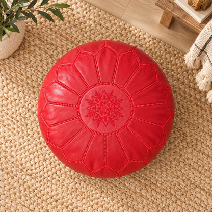 Round Leather Pouf Ottoman, Handmade Moroccan Footstool, Unstuffed Leather Pouf Cover, Living Room Footrest, Round Leather Floor Pouf