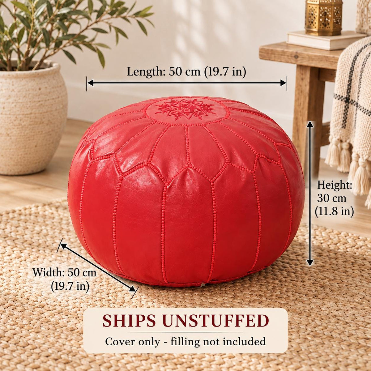Round Leather Pouf Ottoman, Handmade Moroccan Footstool, Unstuffed Leather Pouf Cover, Living Room Footrest, Round Leather Floor Pouf