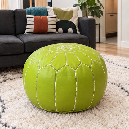 Round Leather Pouf Ottoman, Handmade Moroccan Footstool, Unstuffed Leather Pouf Cover, Living Room Footrest, Round Leather Floor Pouf