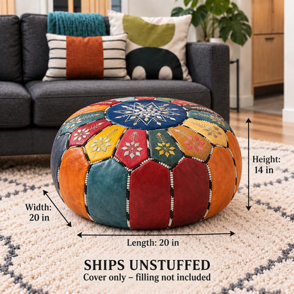 Handmade Leather Pouf Ottoman, Round Floor Cushion, Genuine Leather Footstool, Meditation Seat, Vintage Moroccan Pouf, Small Coffee Table