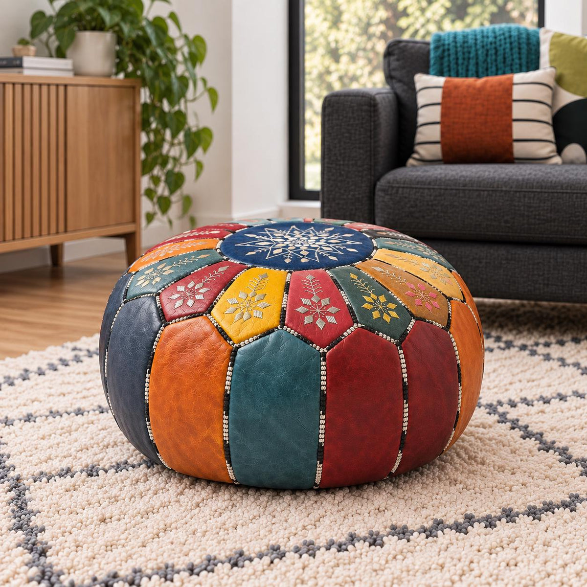 Handmade Leather Pouf Ottoman, Round Floor Cushion, Genuine Leather Footstool, Meditation Seat, Vintage Moroccan Pouf, Small Coffee Table