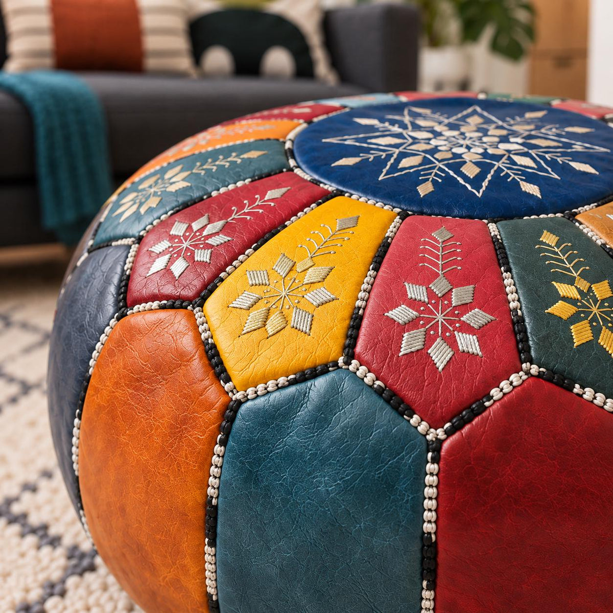 Handmade Leather Pouf Ottoman, Round Floor Cushion, Genuine Leather Footstool, Meditation Seat, Vintage Moroccan Pouf, Small Coffee Table