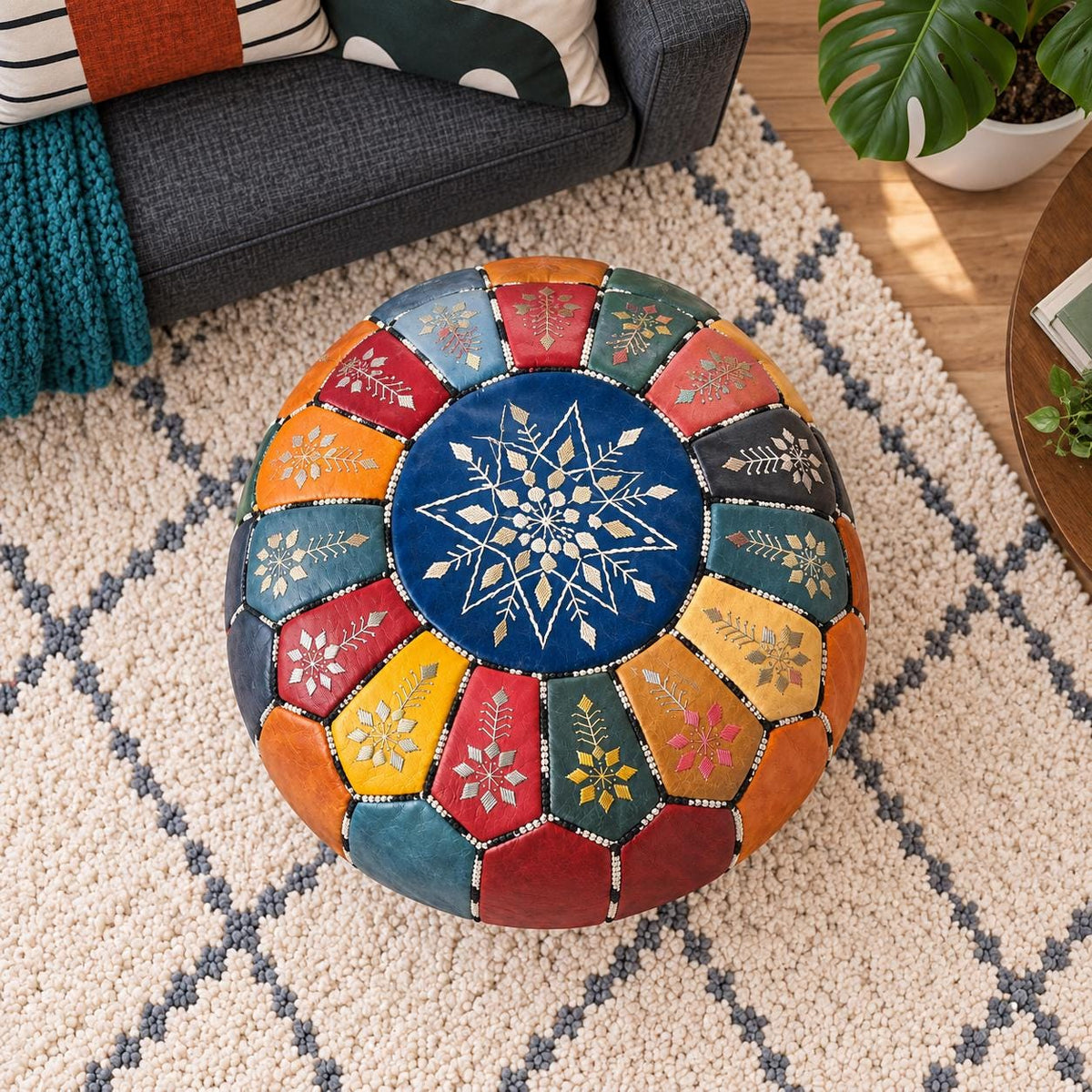 Handmade Leather Pouf Ottoman, Round Floor Cushion, Genuine Leather Footstool, Meditation Seat, Vintage Moroccan Pouf, Small Coffee Table