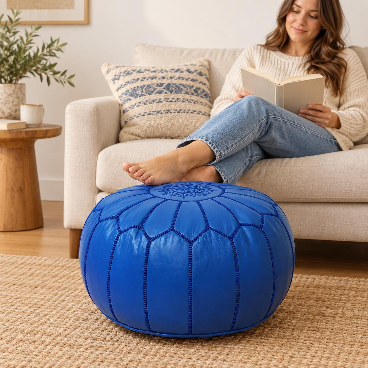 Blue Round Leather Pouf Ottoman, Handmade Moroccan Footstool, Unstuffed Leather Floor Pouf Cover, Living Room Footrest, Floor Seating