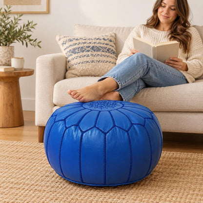 Blue Round Leather Pouf Ottoman, Handmade Moroccan Footstool, Unstuffed Leather Floor Pouf Cover, Living Room Footrest, Floor Seating