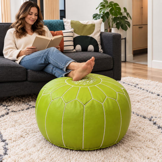 Round Leather Pouf Ottoman, Handmade Moroccan Footstool, Unstuffed Leather Cover, Living Room Floor Pouf, Footrest for Bedroom or Lounge