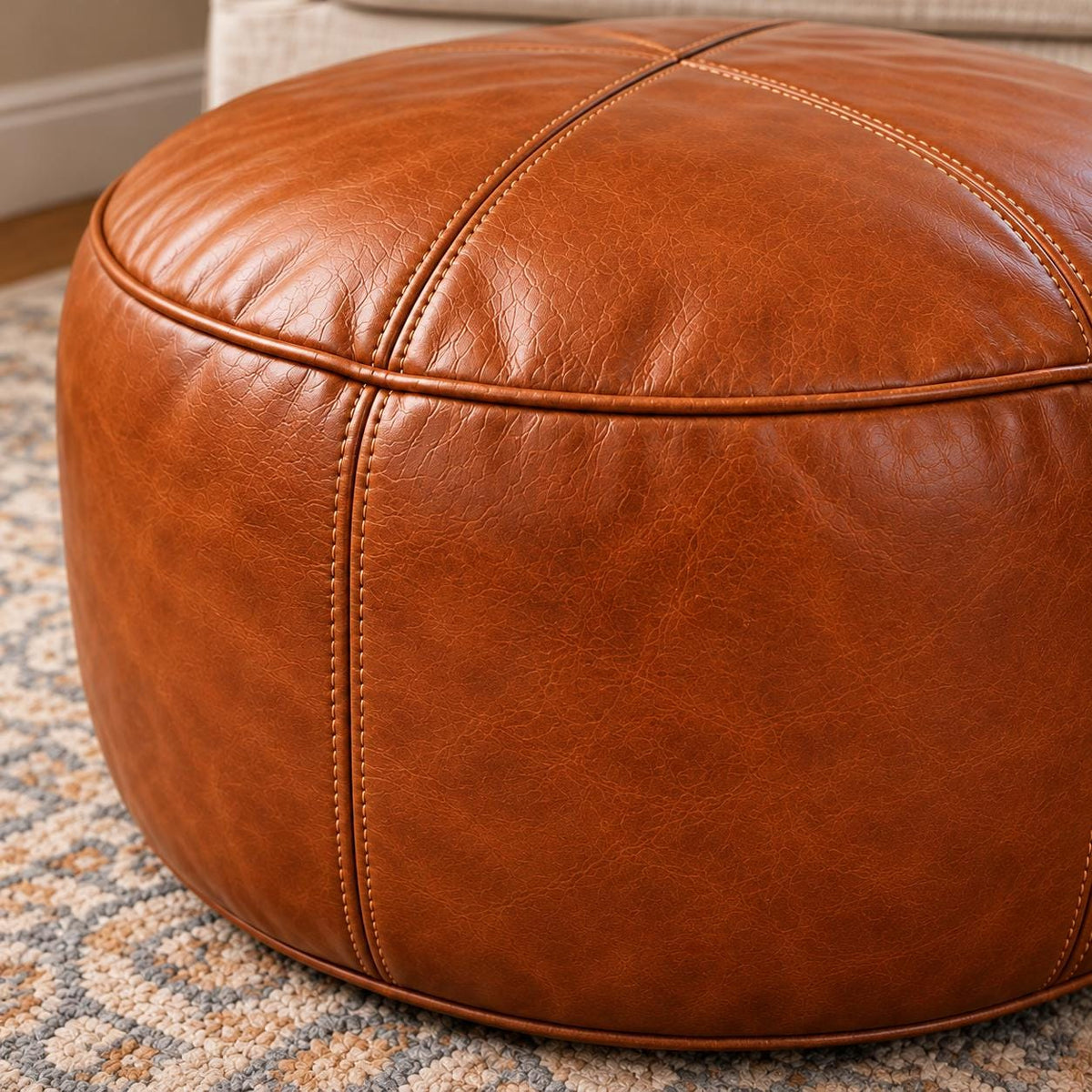 Leather Ottoman pouf, Pouf Cuir, Cognac Brown Ottoman, Ottoman Pouf Brown, Handmade Genuine Leather Pouf, Round Footstool, Floor Cushion