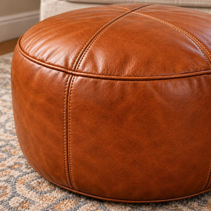 Leather Ottoman pouf, Pouf Cuir, Cognac Brown Ottoman, Ottoman Pouf Brown, Handmade Genuine Leather Pouf, Round Footstool, Floor Cushion