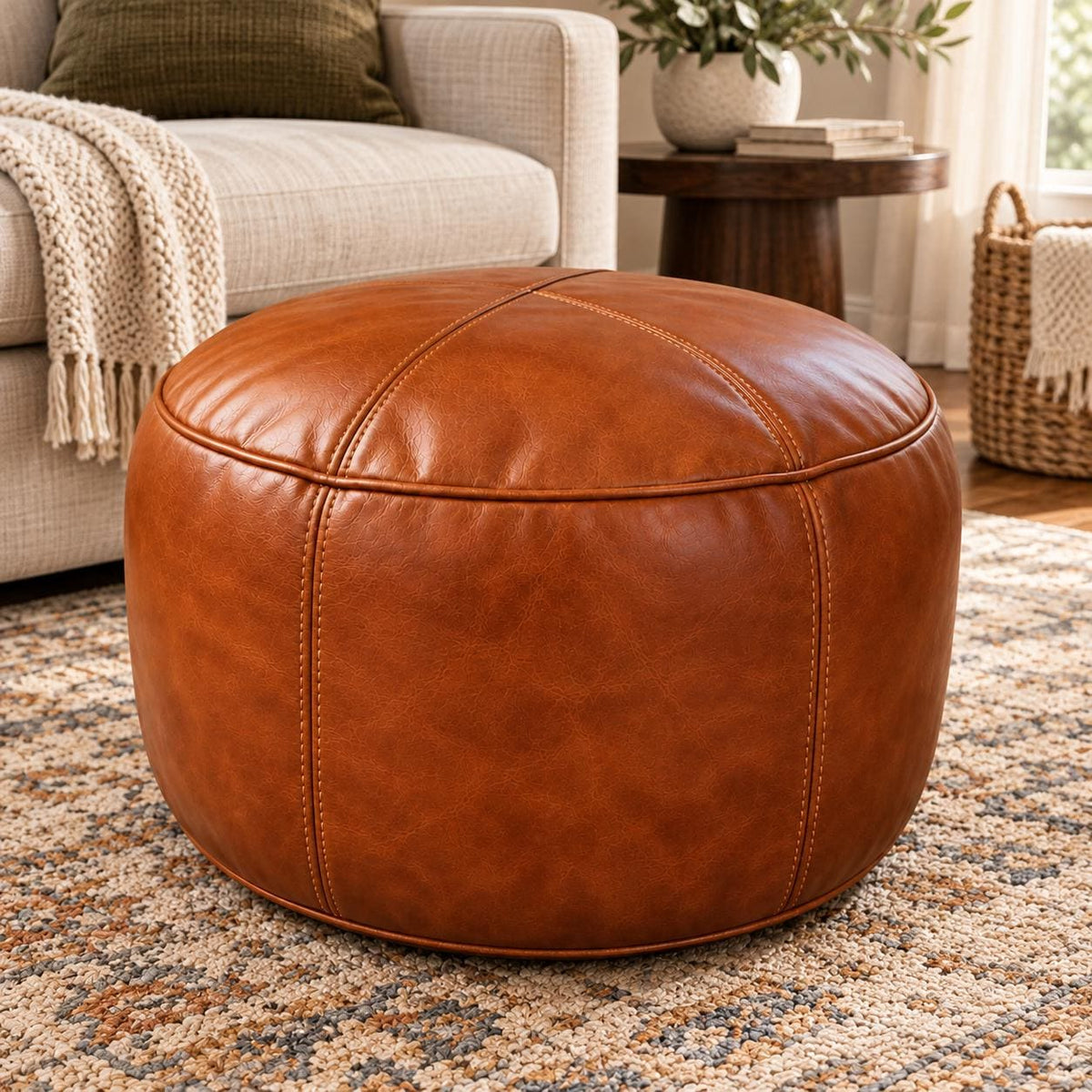 Leather Ottoman pouf, Pouf Cuir, Cognac Brown Ottoman, Ottoman Pouf Brown, Handmade Genuine Leather Pouf, Round Footstool, Floor Cushion
