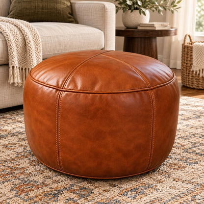 Leather Ottoman pouf, Pouf Cuir, Cognac Brown Ottoman, Ottoman Pouf Brown, Handmade Genuine Leather Pouf, Round Footstool, Floor Cushion