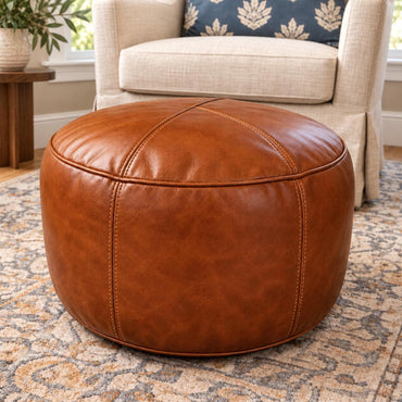Leather Ottoman pouf, Pouf Cuir, Cognac Brown Ottoman, Ottoman Pouf Brown, Handmade Genuine Leather Pouf, Round Footstool, Floor Cushion