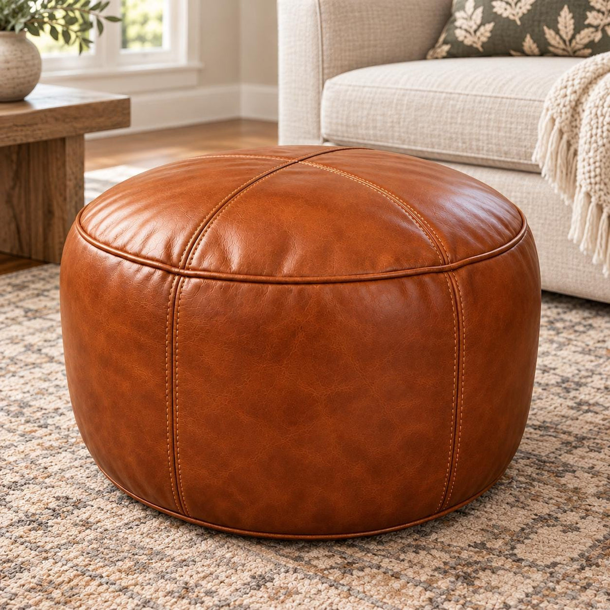 Leather Ottoman pouf, Pouf Cuir, Cognac Brown Ottoman, Ottoman Pouf Brown, Handmade Genuine Leather Pouf, Round Footstool, Floor Cushion