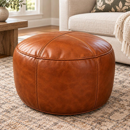 Leather Ottoman pouf, Pouf Cuir, Cognac Brown Ottoman, Ottoman Pouf Brown, Handmade Genuine Leather Pouf, Round Footstool, Floor Cushion