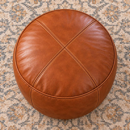 Leather Ottoman pouf, Pouf Cuir, Cognac Brown Ottoman, Ottoman Pouf Brown, Handmade Genuine Leather Pouf, Round Footstool, Floor Cushion