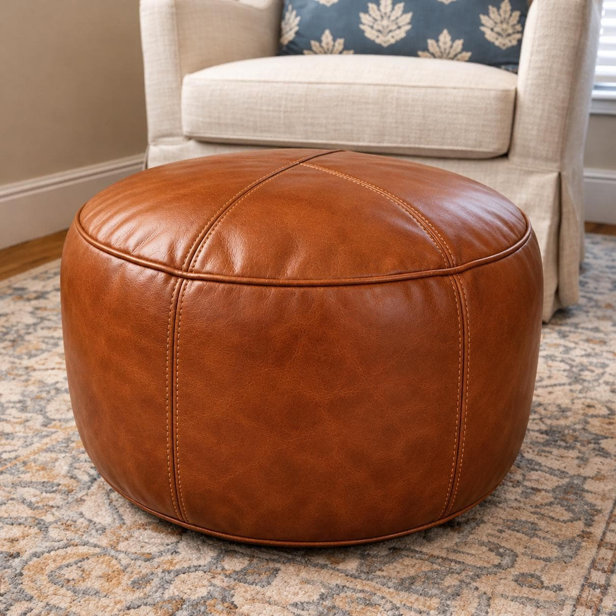 Leather Ottoman pouf, Pouf Cuir, Cognac Brown Ottoman, Ottoman Pouf Brown, Handmade Genuine Leather Pouf, Round Footstool, Floor Cushion