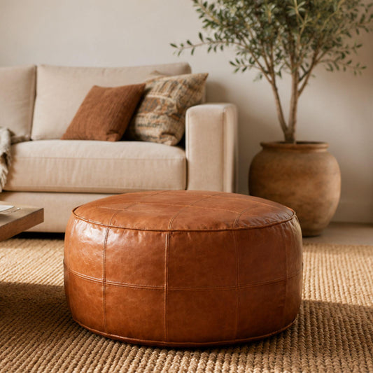 Leather Ottoman pouf, Pouf Cuir, Dark Brown Ottoman, Ottoman Pouf Brown, Handmade Genuine Leather Pouf, Round Footstool, Brown Floor Cushion